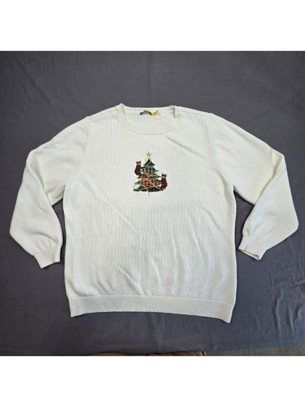 Cabelas 2XL Womens Cotton Christmas Sweater White Holiday Plaid Tree Bears